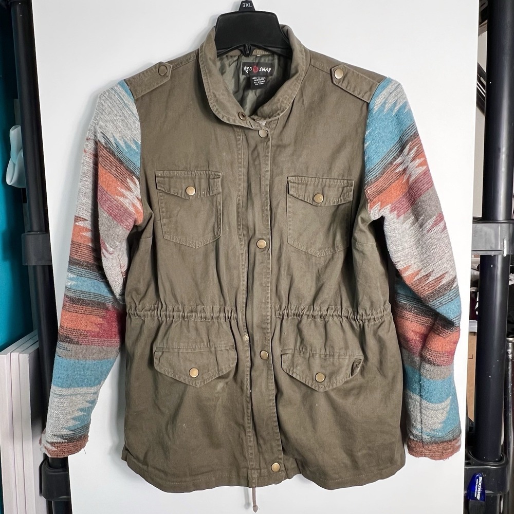 Red Snap Utility Jacket Aztec Knit Sleeve Olive‎ Cargo Coat Women's Large *READ